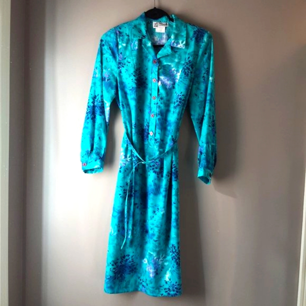Vintage 70s Floral Hippie Boho Belted Shirt Dress | Turquoise | Med-Large